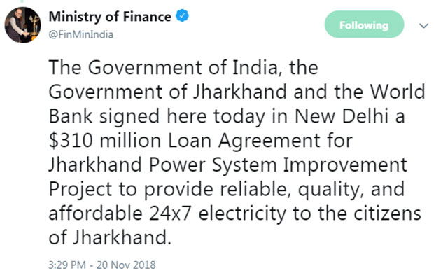 World Bank signs agreement with Jharkhand and Central government for a $310 million loan