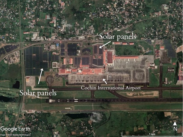 Cochin International Airport is the first airport in the world to go completely solar. It has installed 12 megawatt peak plant on 45 acres of land. Map from Google Earth Pro.