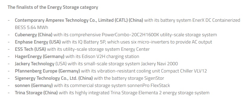 The finalists of Energy Storage category