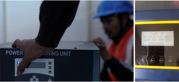 Photographs illustrating the use of Inverter screen to monitor Day Solar generation (in kWh) and Total (till date) Solar Energy Generation (in kWh) at Dayasagar Hospital, Kusumkot, Maharashtra. (Photo Credit: Rishikesh Mishra/WRI india)