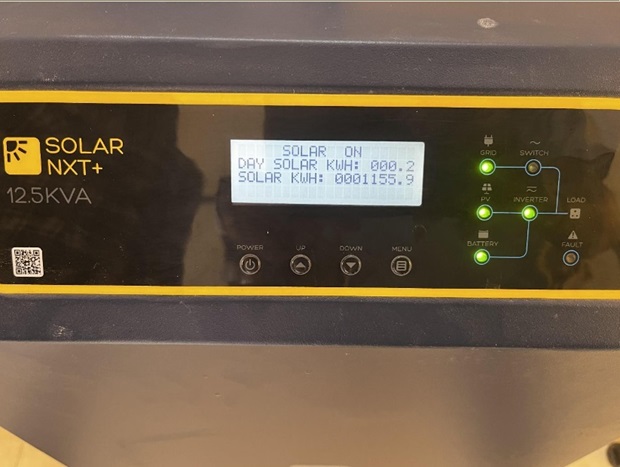 Photographs illustrating the use of Inverter screen to monitor Day Solar generation (in kWh) and Total (till date) Solar Energy Generation (in kWh) at Dayasagar Hospital, Kusumkot, Maharashtra. (Photo Credit: Rishikesh Mishra/WRI india)