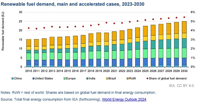 Renewable fuel demand, main and accelerated cases, 2023-2030 - IEA