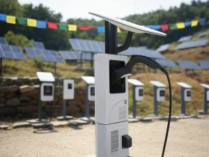 An AI representation of a Stralink-connected and solar powered EV charging station in India.