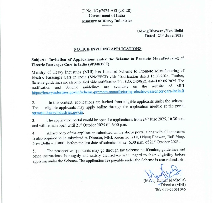 Notice Inviting Applications - Scheme to Promote Manufacturing of Electric Passenger Cars in India (SPMPCI)